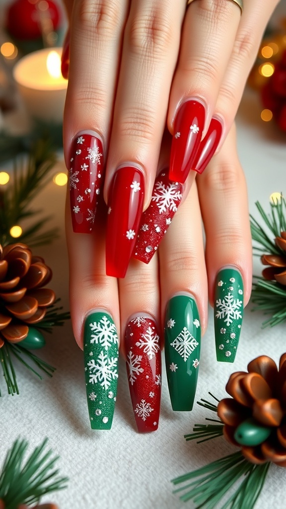 XL coffin nails in red and green with Christmas designs and glitter accents.